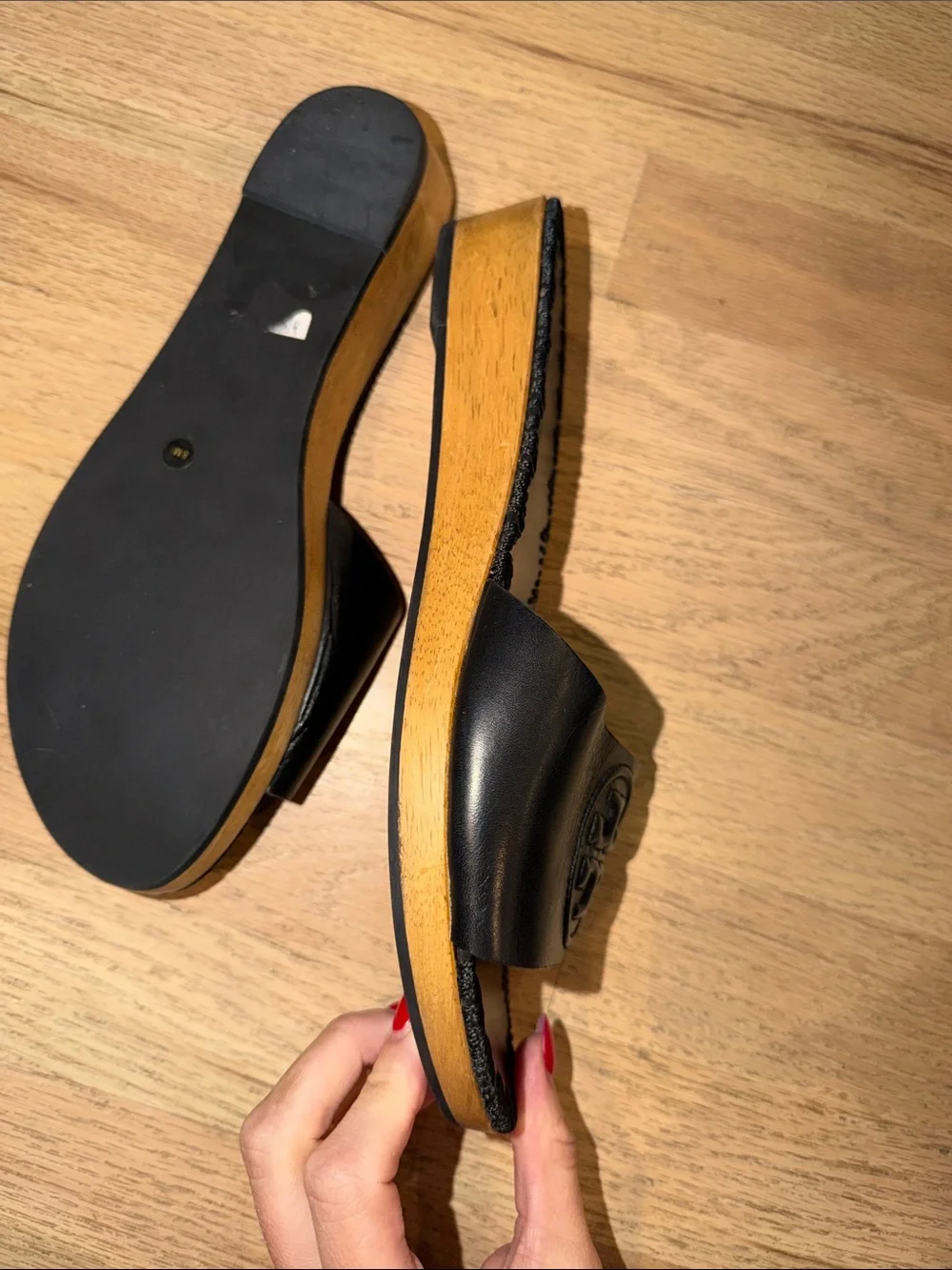 Tory Burch Black Leather Slide with Natural Wood-Look Sole